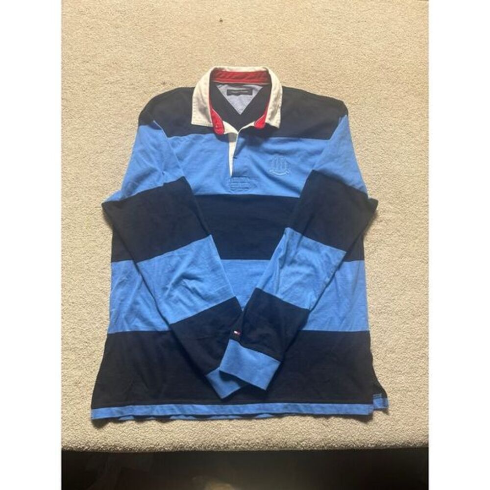 Tommy Hilfiger Long‎ Sleeve Big Blue Striped Collard embroidered Logo Mens Shirt